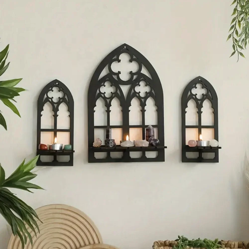 NEW! Set of 3 Wooden Classic Gothic Cathedral Wall Shelves in Black!
